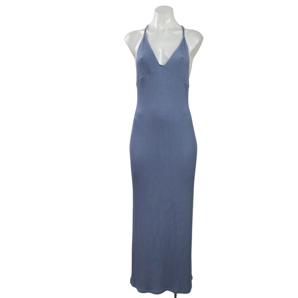 Reformation Brant Ribbed Knit Sleeveless V Neck Cross Back Bodycon Midi Dress M
